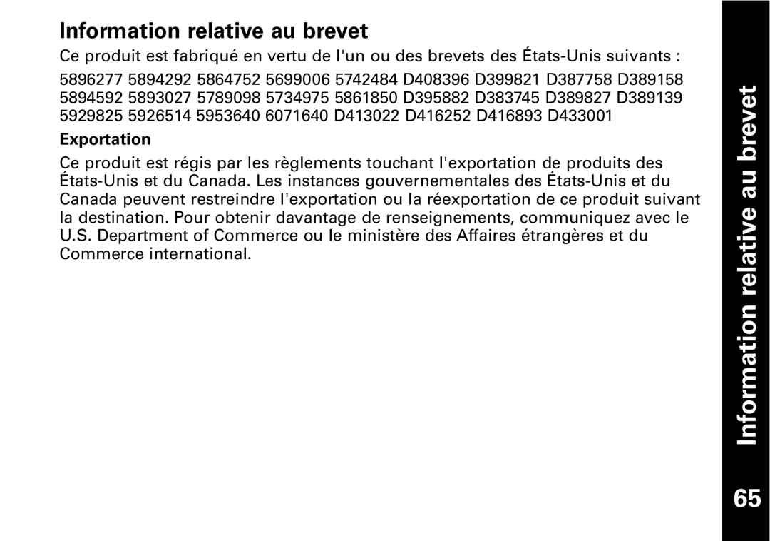 Motorola T6500 manual Information relative au brevet, Exportation 