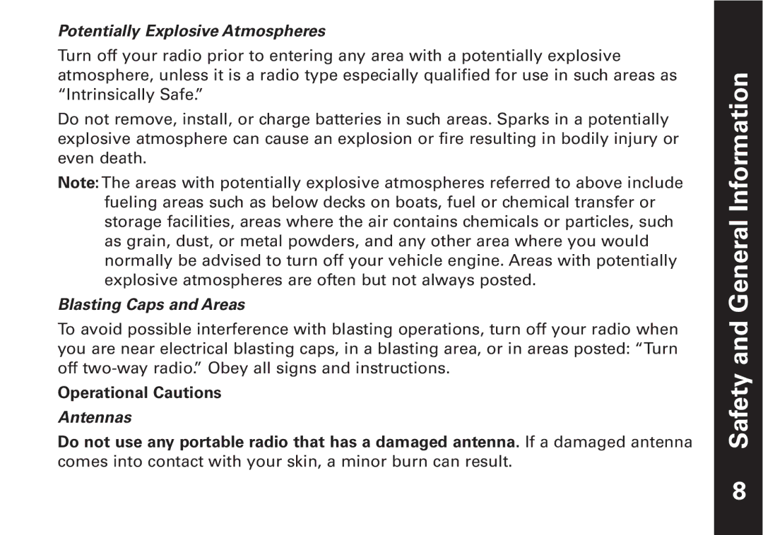 Motorola T6500 manual Potentially Explosive Atmospheres, Blasting Caps and Areas, Operational Cautions, Antennas 