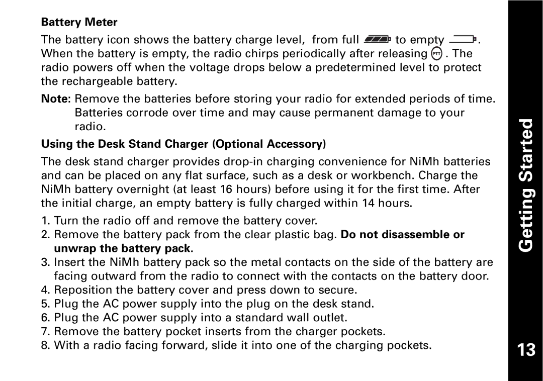 Motorola T6500, T6530, T6550, Motorola two-way radio warranty Battery Meter, Using the Desk Stand Charger Optional Accessory 