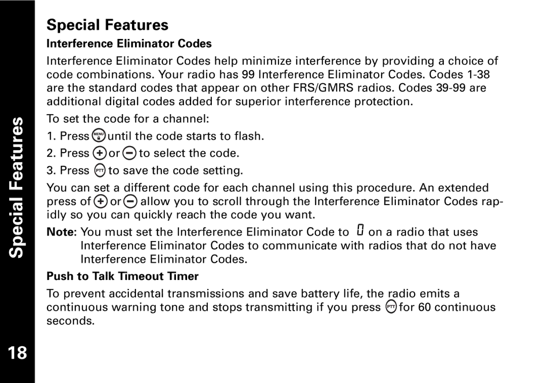 Motorola T6550, T6530, T6500 warranty Special Features, Interference Eliminator Codes, Push to Talk Timeout Timer 