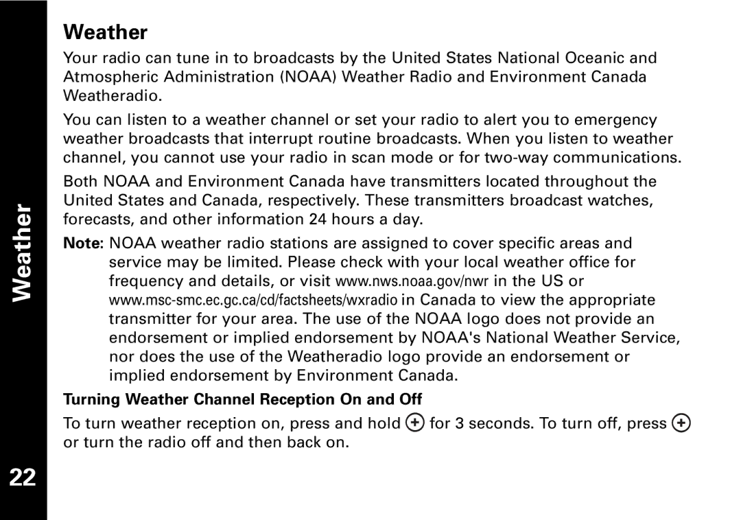 Motorola T6550, T6530, T6500, Motorola two-way radio warranty Turning Weather Channel Reception On and Off 