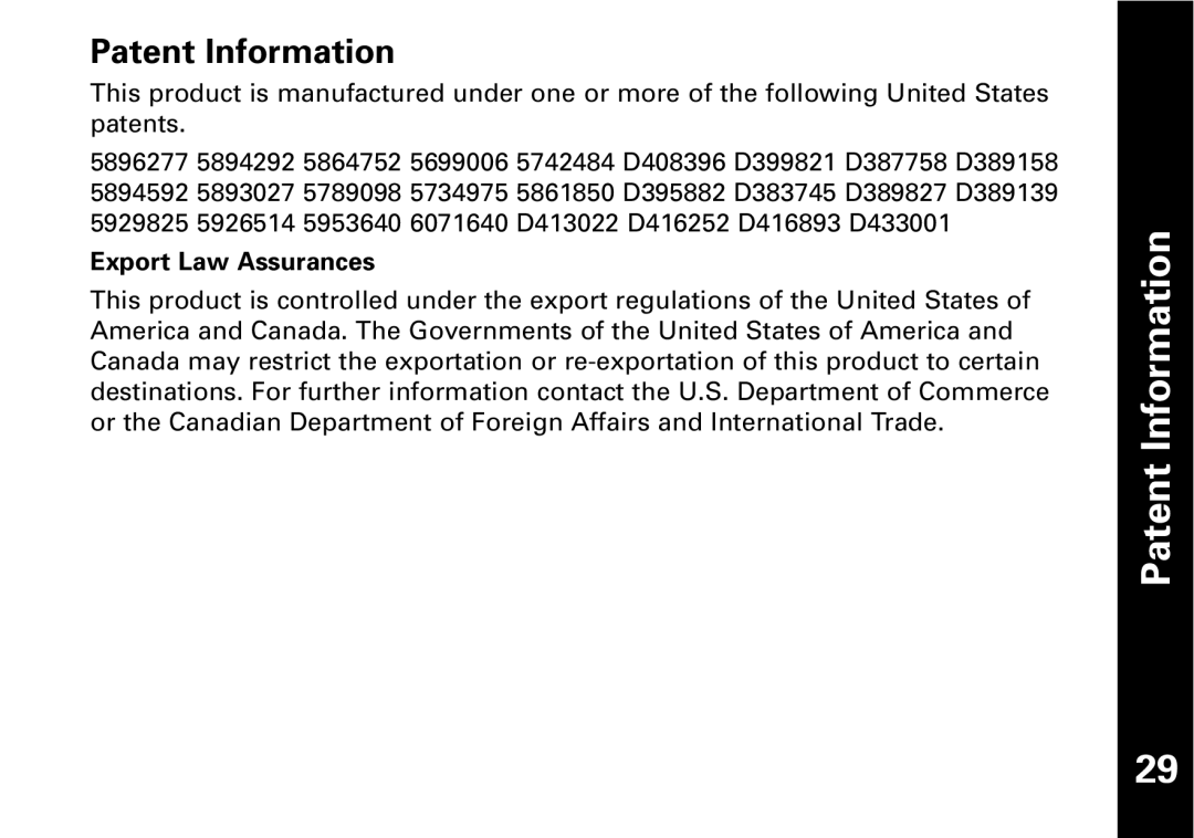 Motorola T6500, T6530, T6550, Motorola two-way radio warranty Patent Information, Export Law Assurances 