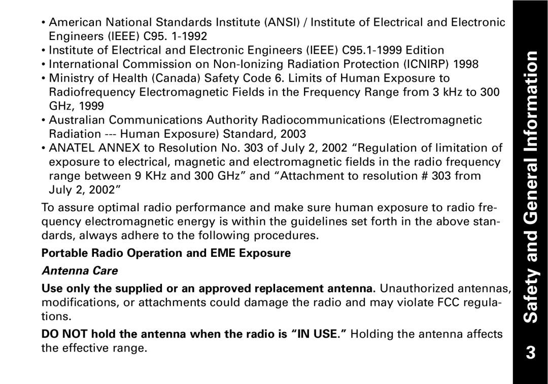 Motorola Motorola two-way radio, T6530, T6500, T6550 warranty Portable Radio Operation and EME Exposure, Antenna Care 