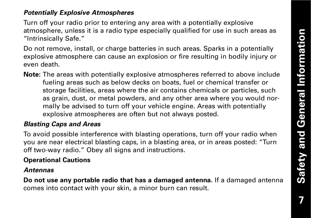 Motorola Motorola two-way radio Potentially Explosive Atmospheres, Blasting Caps and Areas, Operational Cautions, Antennas 