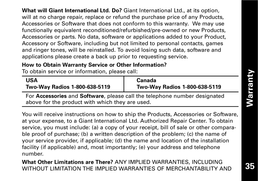 Motorola T6530, T6550 manual How to Obtain Warranty Service or Other Information?, Canada, Two-Way Radios 