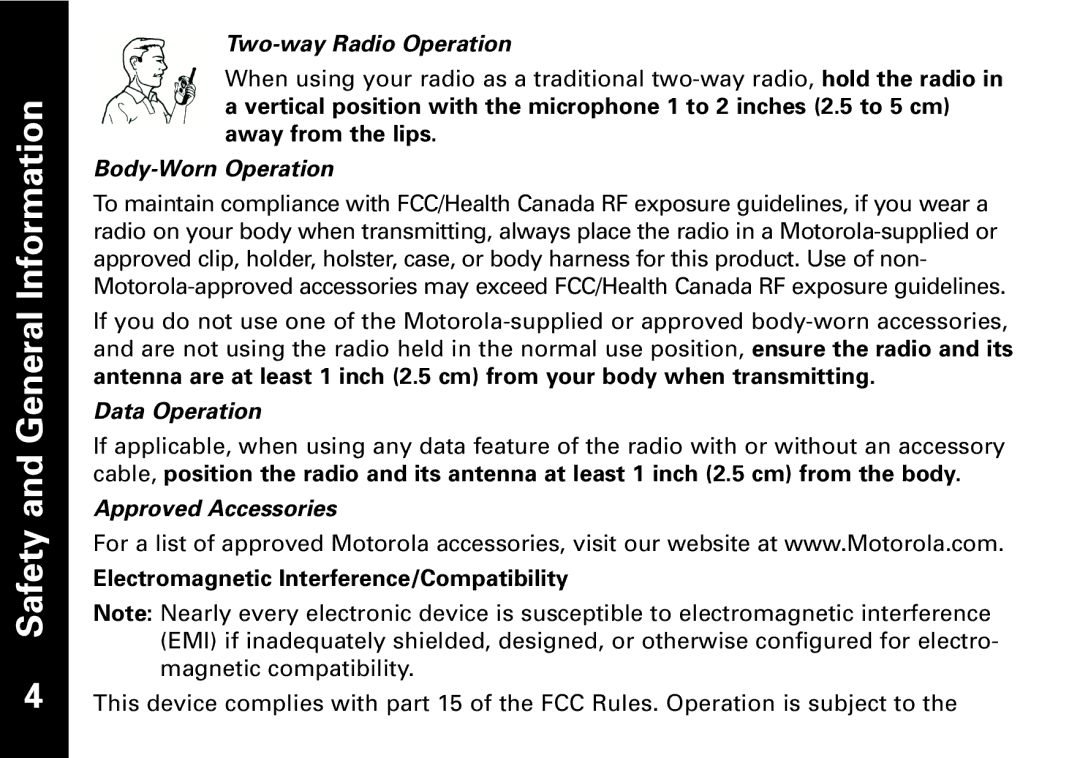 Motorola T6550, T6530 manual Two-way Radio Operation, Body-Worn Operation, Data Operation, Approved Accessories 