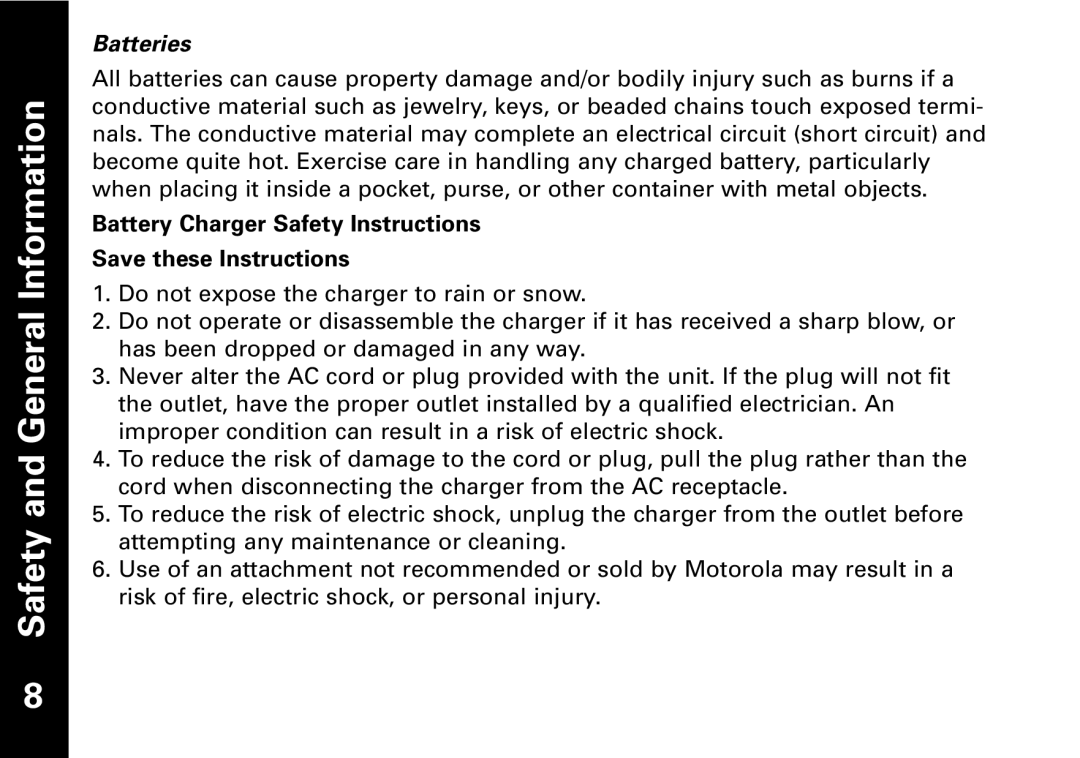 Motorola T6550, T6530 manual Batteries, Battery Charger Safety Instructions 