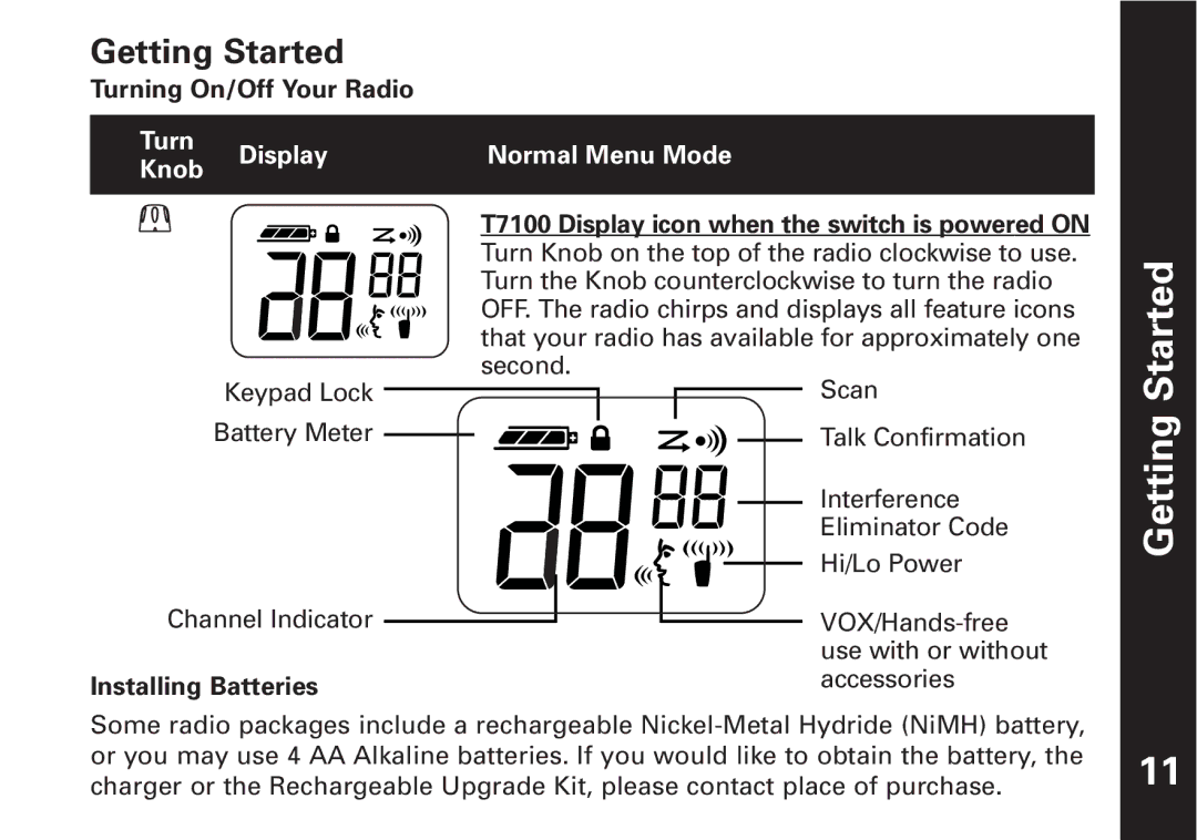 Motorola T7100 manual Getting Started, Turning On/Off Your Radio, Installing Batteries 