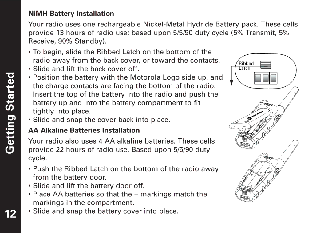 Motorola T7100 manual NiMH Battery Installation, AA Alkaline Batteries Installation 