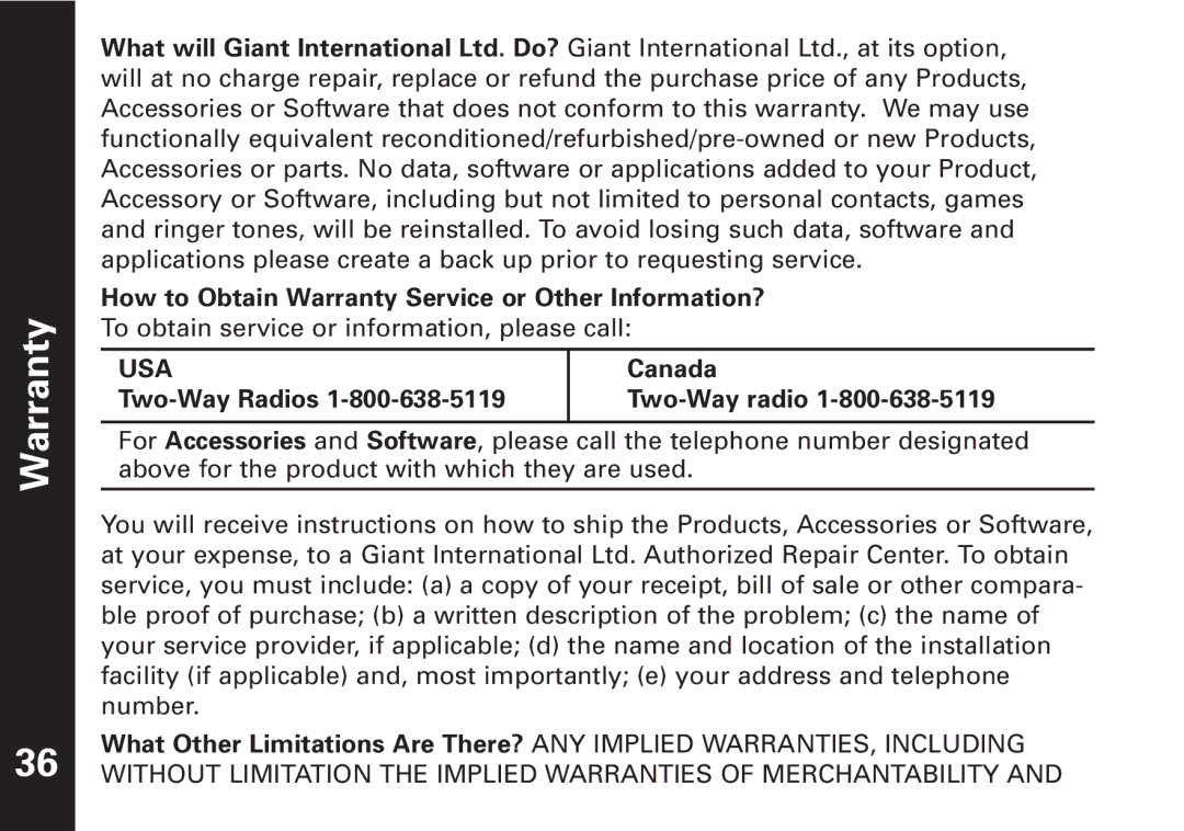 Motorola T7100 manual How to Obtain Warranty Service or Other Information?, Canada, Two-Way Radios Two-Way radio 