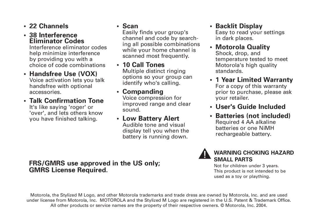 Motorola T7100 manual Channels Interference Eliminator Codes, Handsfree Use VOX, Talk Confirmation Tone, Scan, Call Tones 