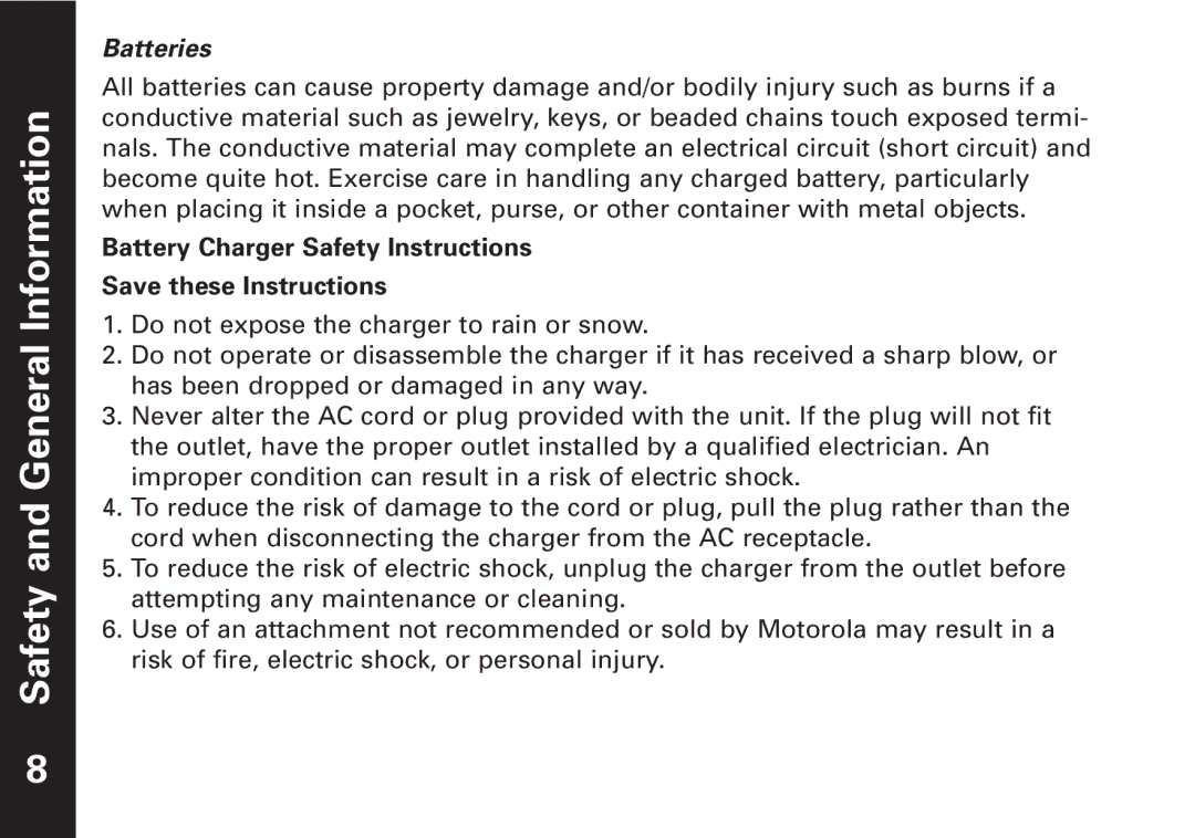 Motorola T7100 manual Batteries, Battery Charger Safety Instructions 