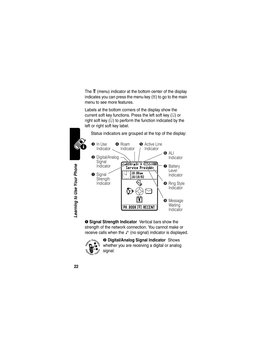 Motorola T720, T730 manual Indicator ➏ ALI, Indicator ➐ Battery, Level, ➊ Signal, Strength Indicator, Waiting 