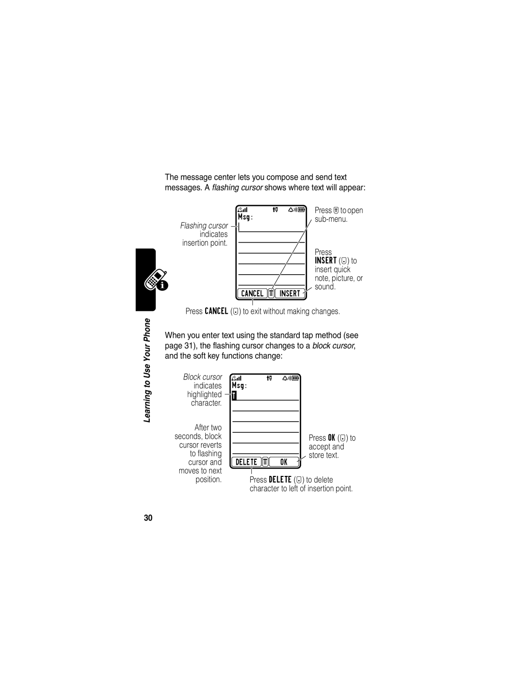 Motorola T720 Press Mto open, Sub-menu, Indicates, Insert + to insert quick note, picture, or sound, Highlighted, Accept 