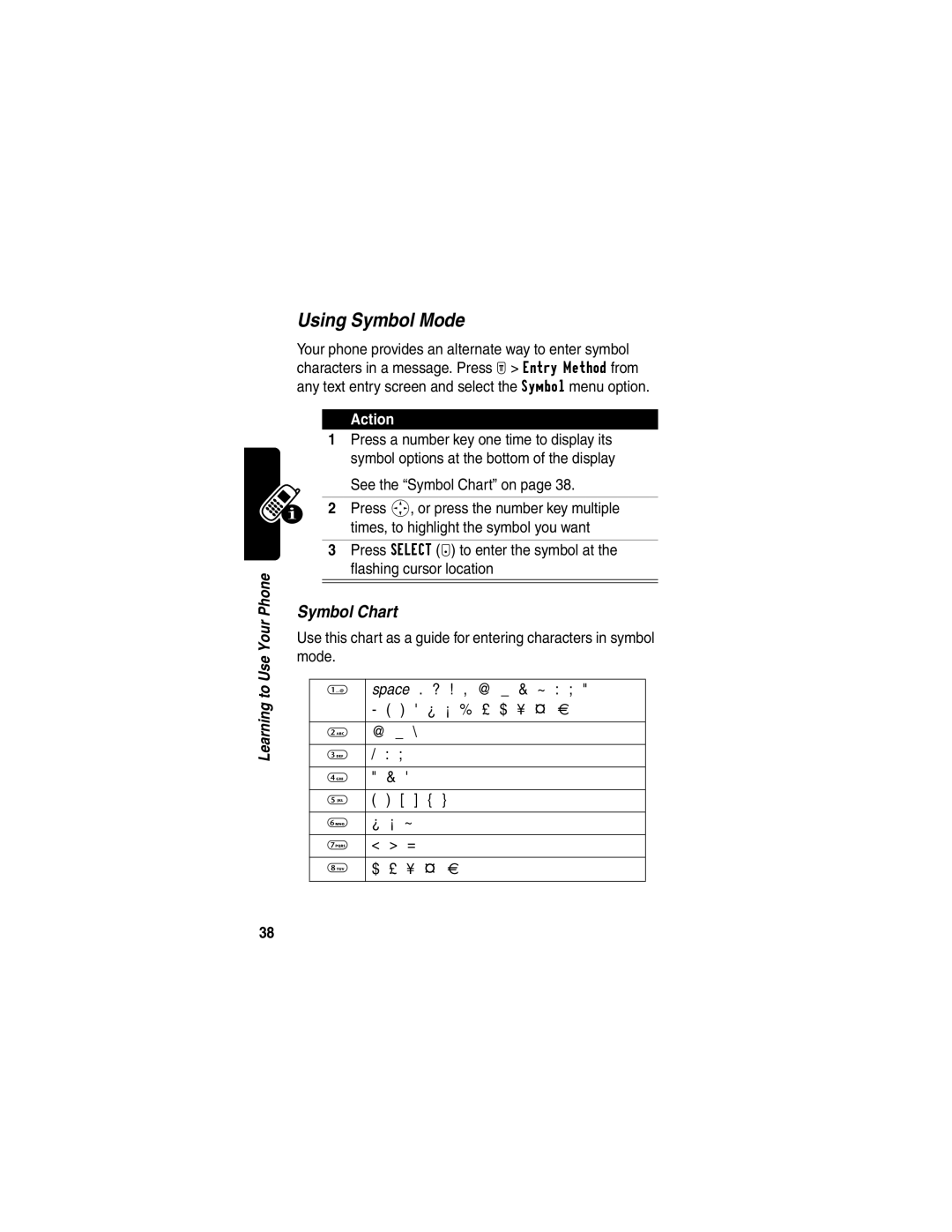 Motorola T720, T730 manual Using Symbol Mode, See the Symbol Chart on, @ \ ¿ ¡ ~ $ £ ¥ 