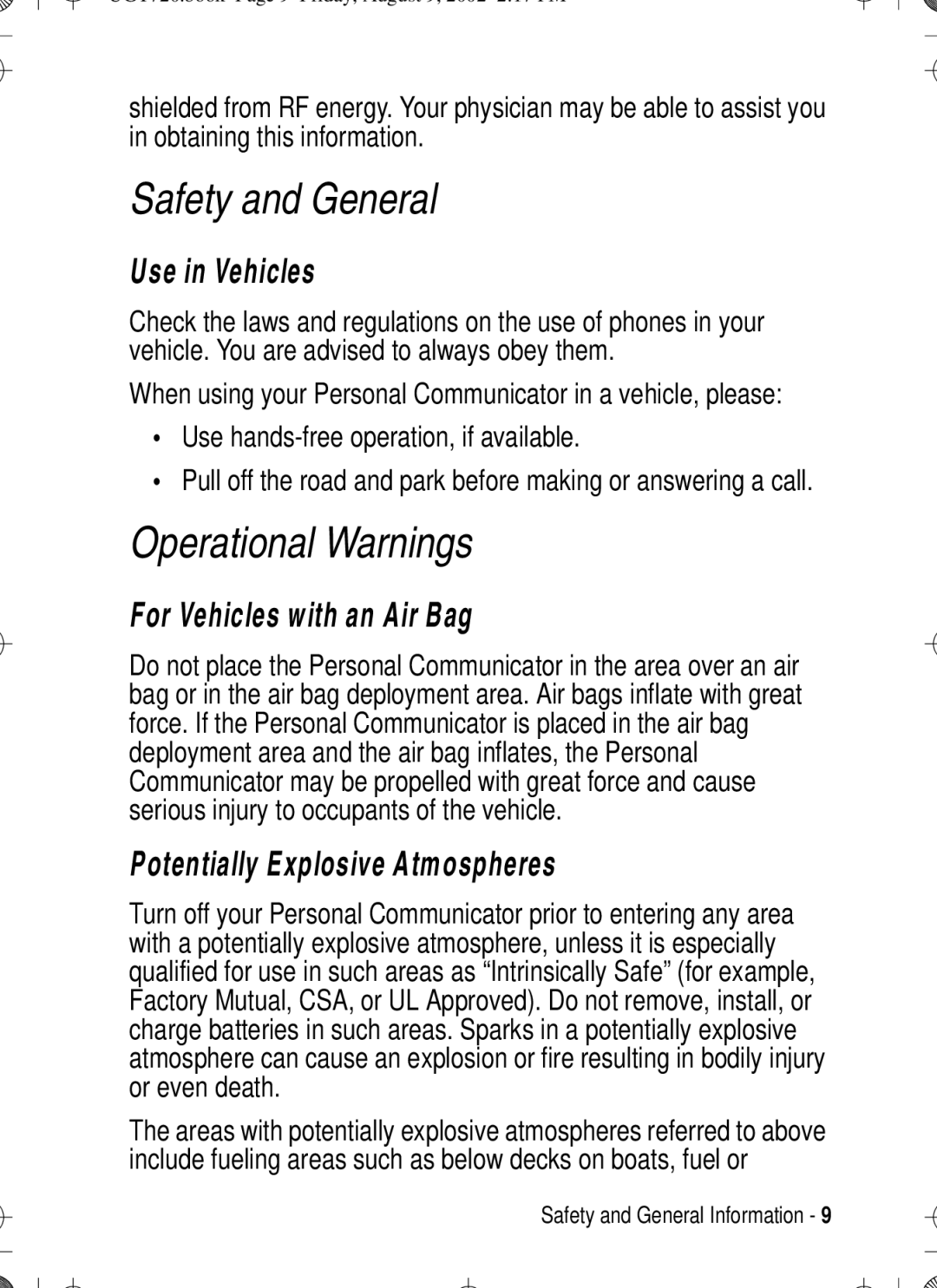 Motorola T720 manual Use in Vehicles, For Vehicles with an Air Bag, Potentially Explosive Atmospheres 