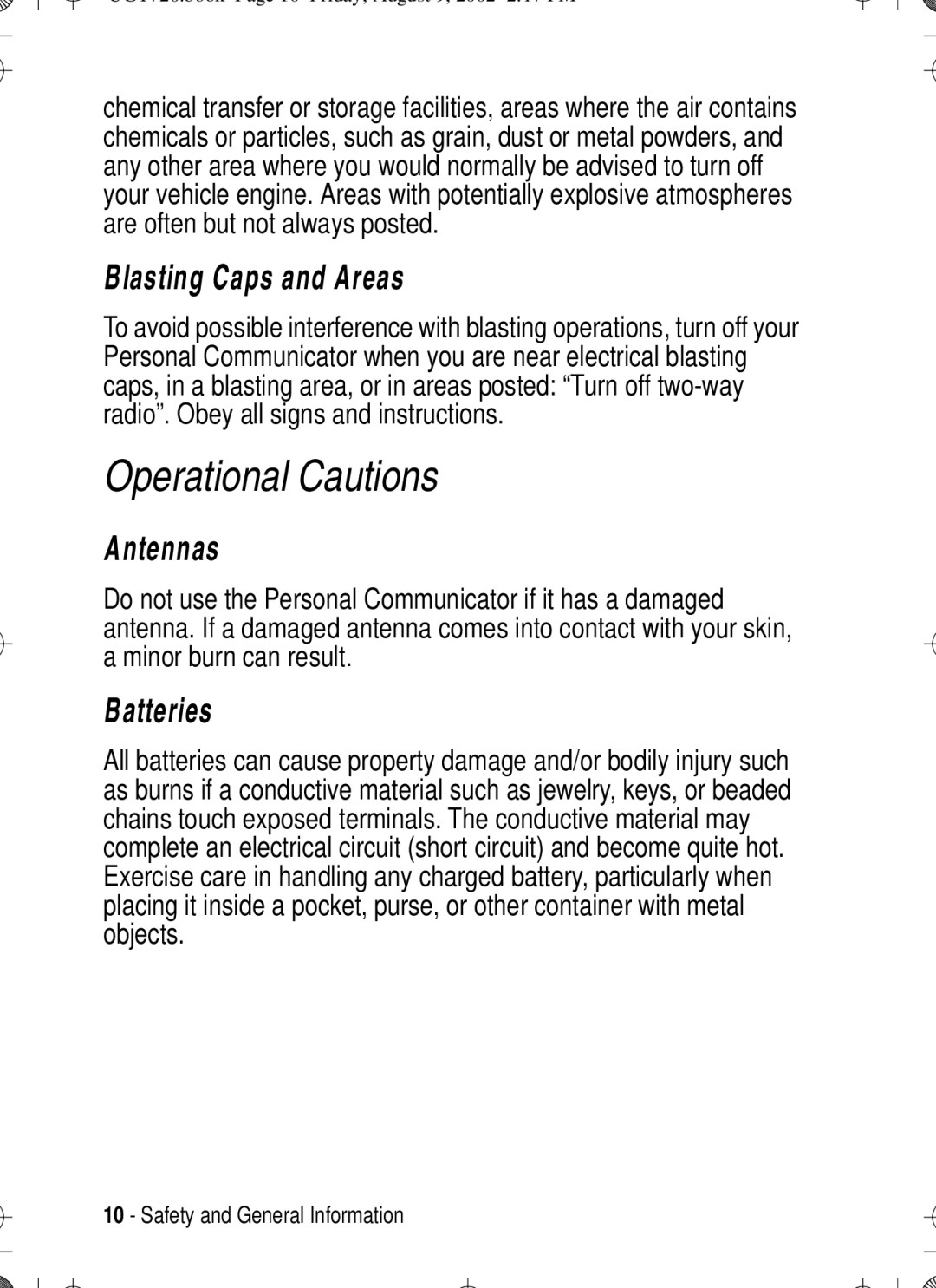 Motorola T720 manual Blasting Caps and Areas, Antennas, Batteries 