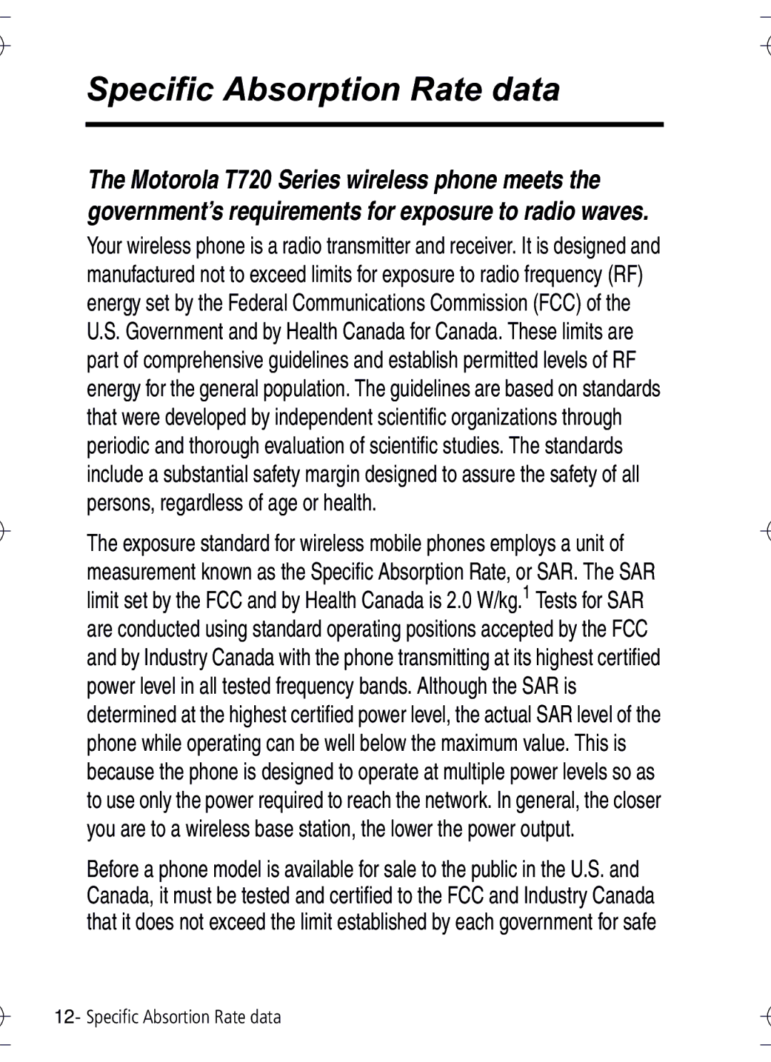 Motorola T720 manual Specific Absorption Rate data 