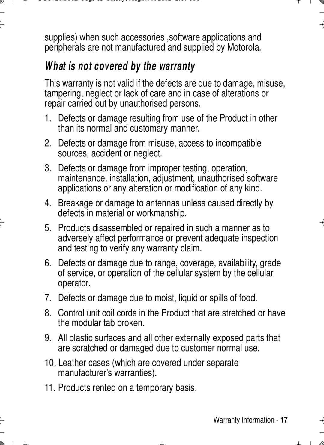 Motorola T720 manual What is not covered by the warranty 