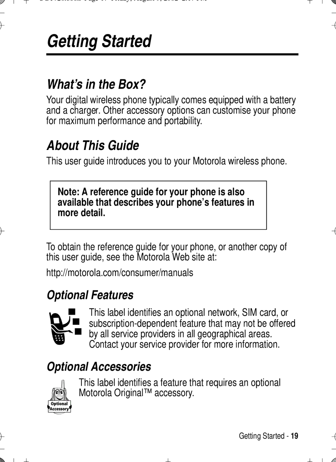 Motorola T720 manual Getting Started, What’s in the Box?, About This Guide, Optional Features, Optional Accessories 