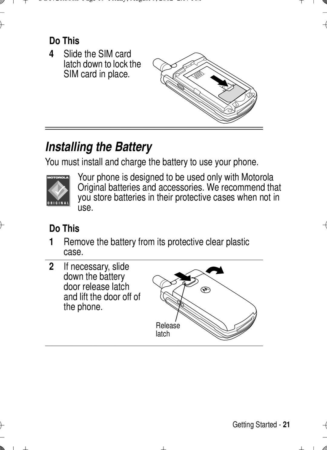 Motorola T720 manual Installing the Battery 