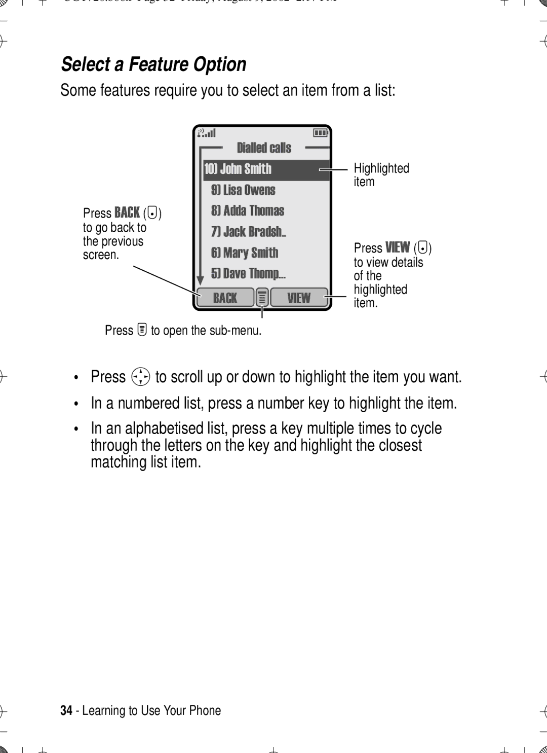 Motorola T720 manual Select a Feature Option, Some features require you to select an item from a list 