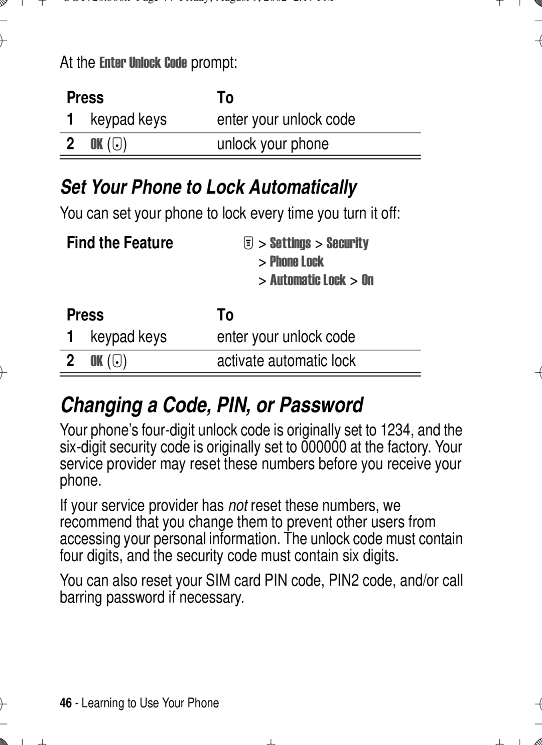 Motorola T720 manual Changing a Code, PIN, or Password, Set Your Phone to Lock Automatically 