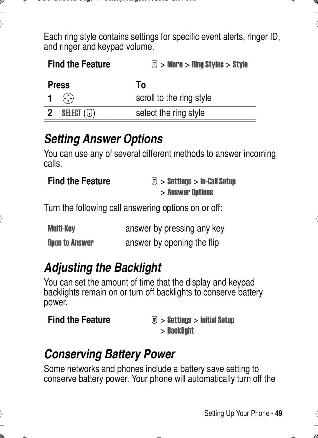 Motorola T720 manual Setting Answer Options, Adjusting the Backlight, Conserving Battery Power 