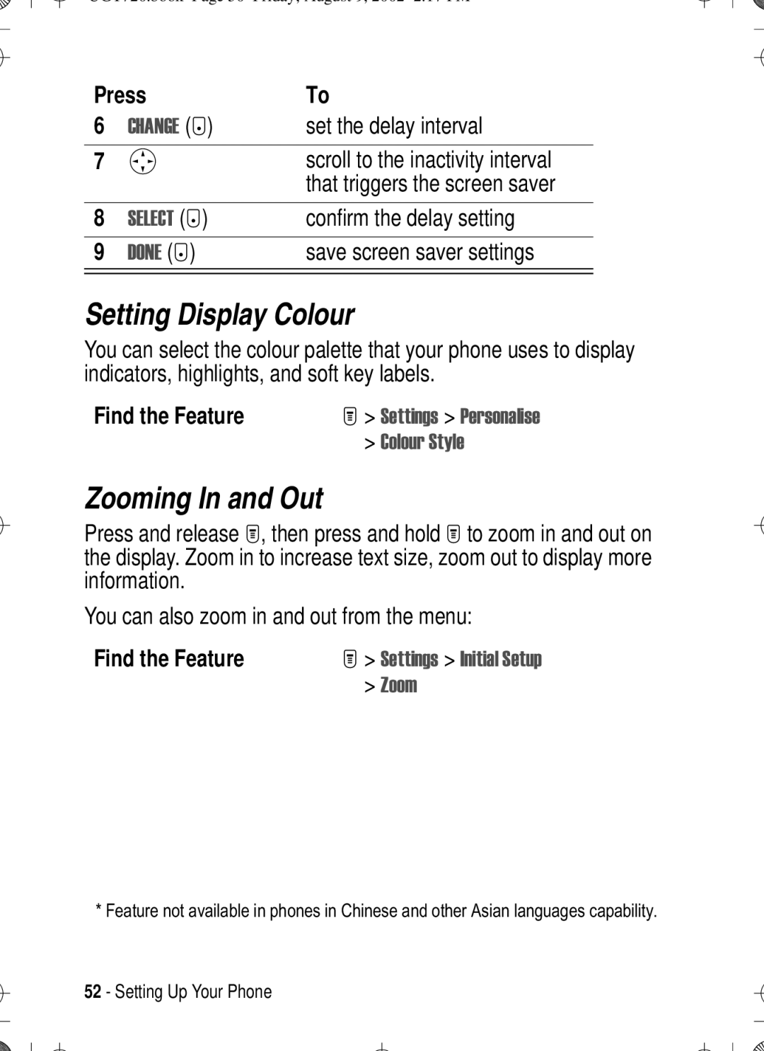 Motorola T720 manual Setting Display Colour, Zooming In and Out, Set the delay interval, Confirm the delay setting 