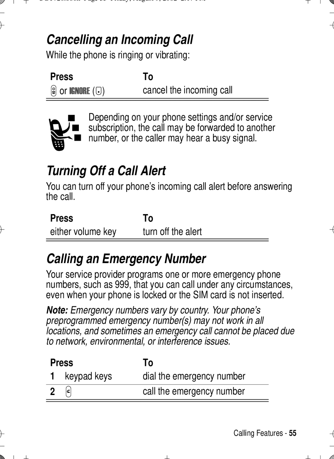 Motorola T720 manual Cancelling an Incoming Call, Turning Off a Call Alert, Calling an Emergency Number 