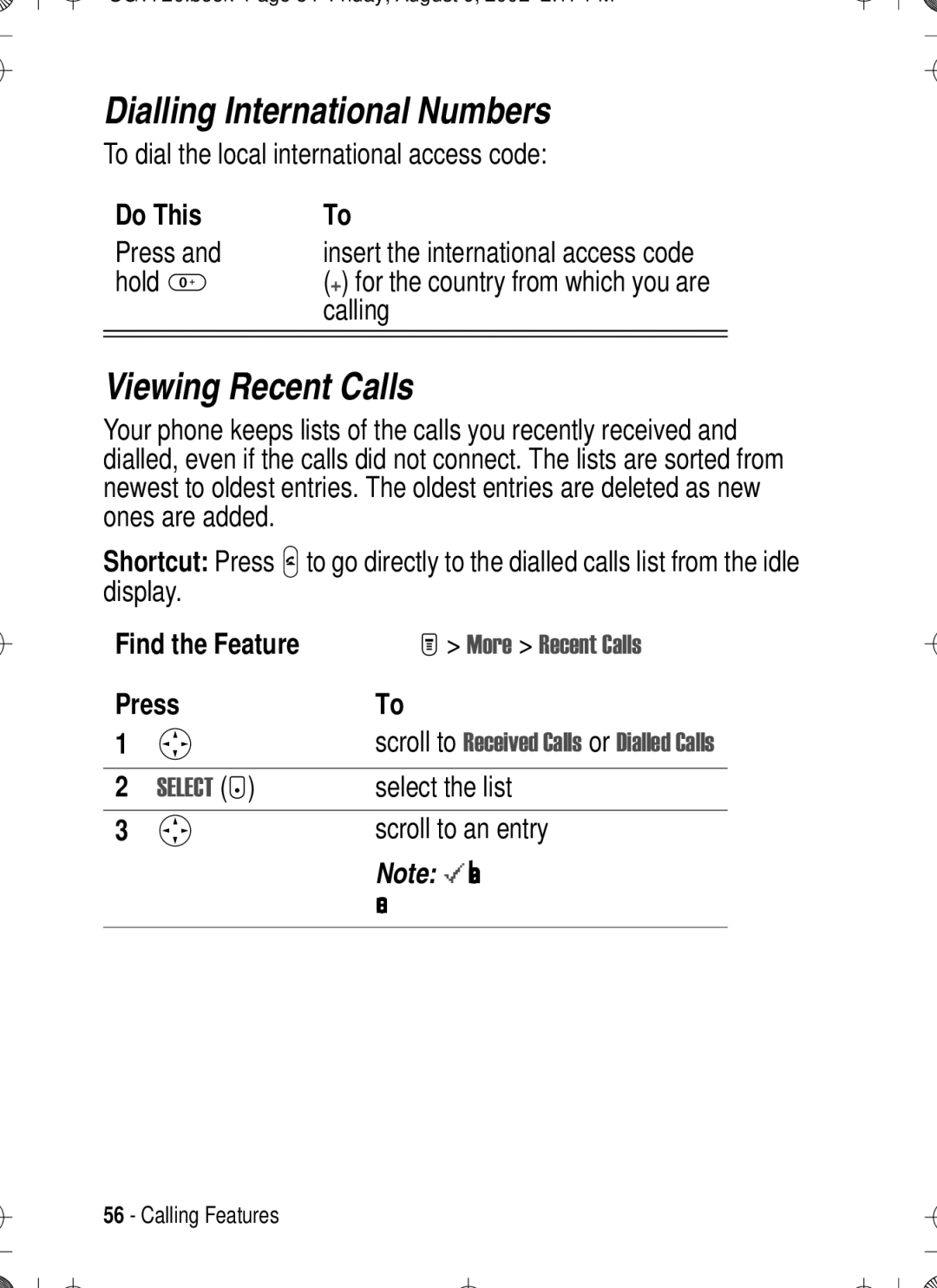 Motorola T720 manual Dialling International Numbers, Viewing Recent Calls 