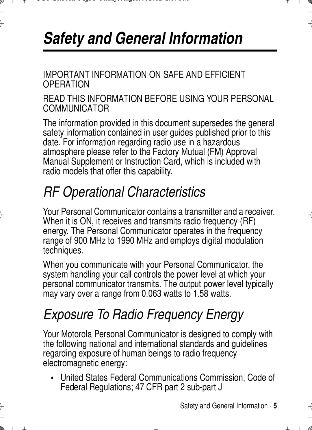 Motorola T720 manual Safety and General Information, RF Operational Characteristics 