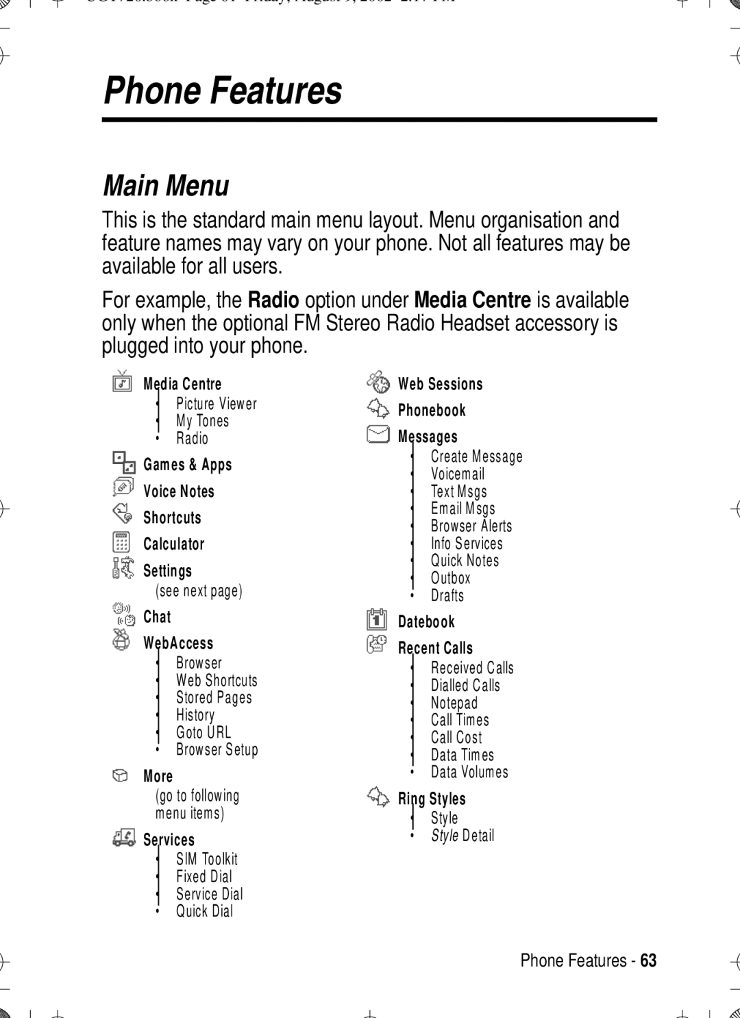 Motorola T720 manual Phone Features, Main Menu 