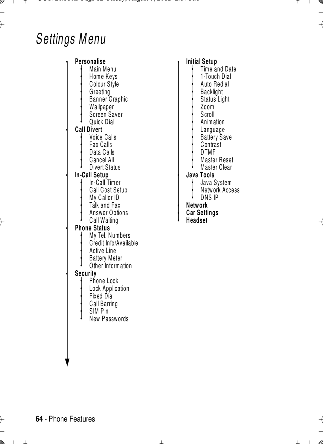 Motorola T720 manual Settings Menu 