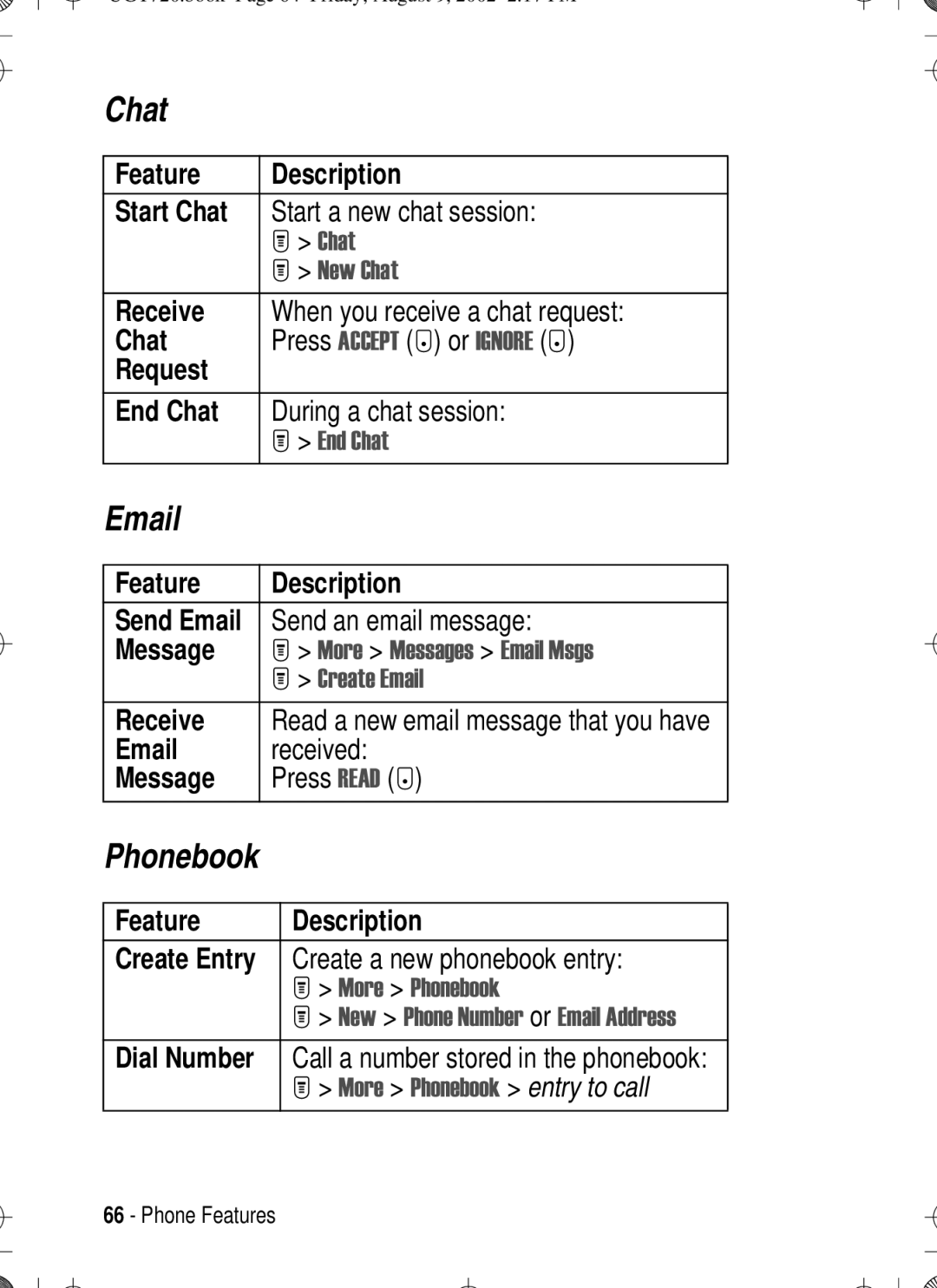 Motorola T720 manual Phonebook, Feature Description Start Chat, Request End Chat 