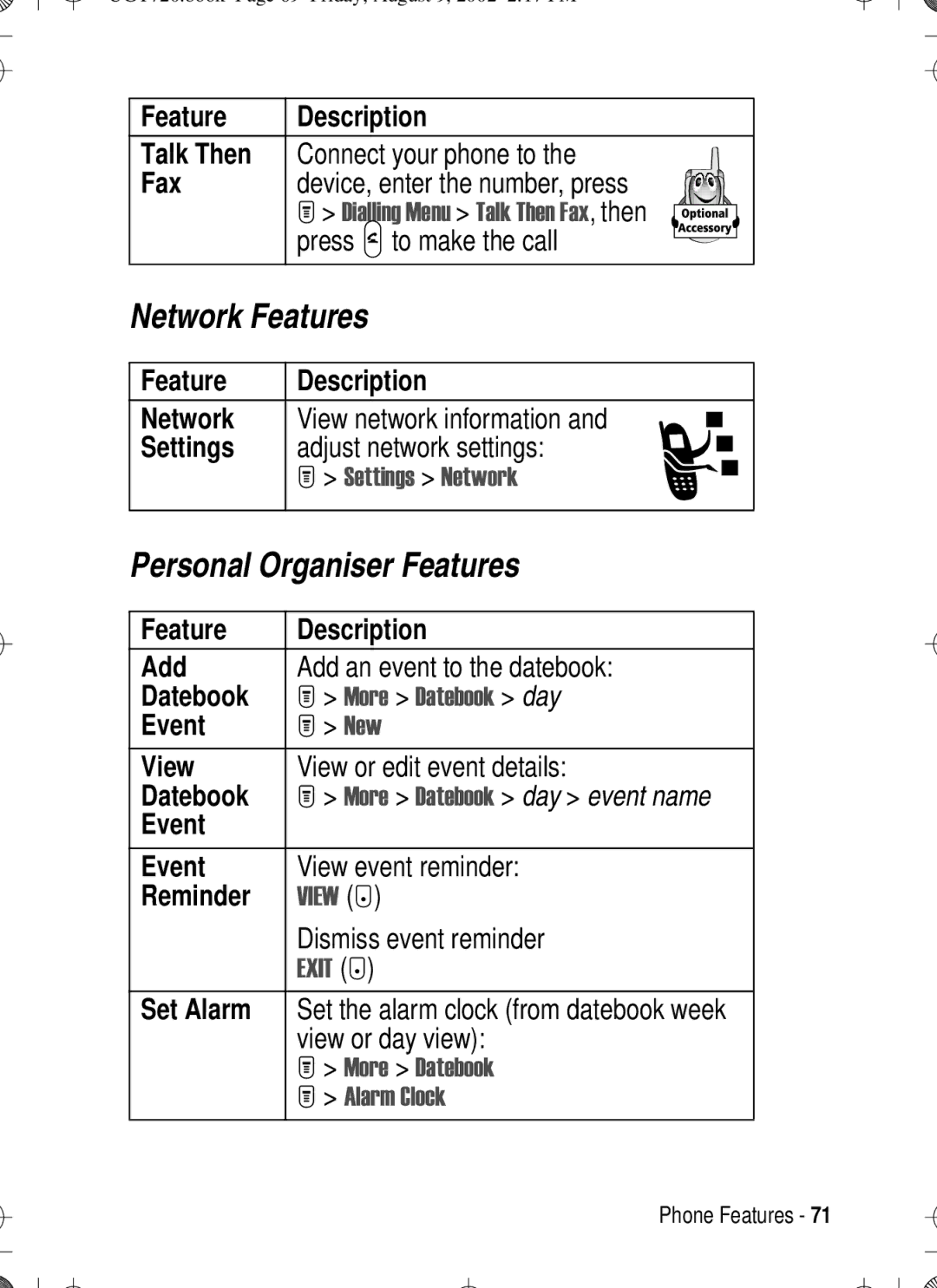 Motorola T720 manual Network Features, Personal Organiser Features 