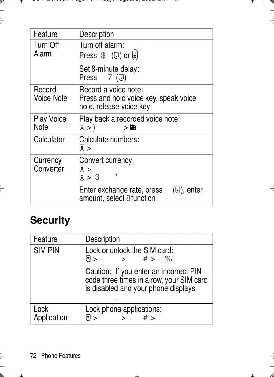 Motorola T720 manual Security 