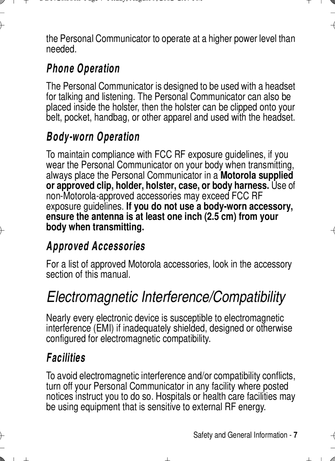 Motorola T720 manual Phone Operation, Body-worn Operation, Approved Accessories, Facilities 