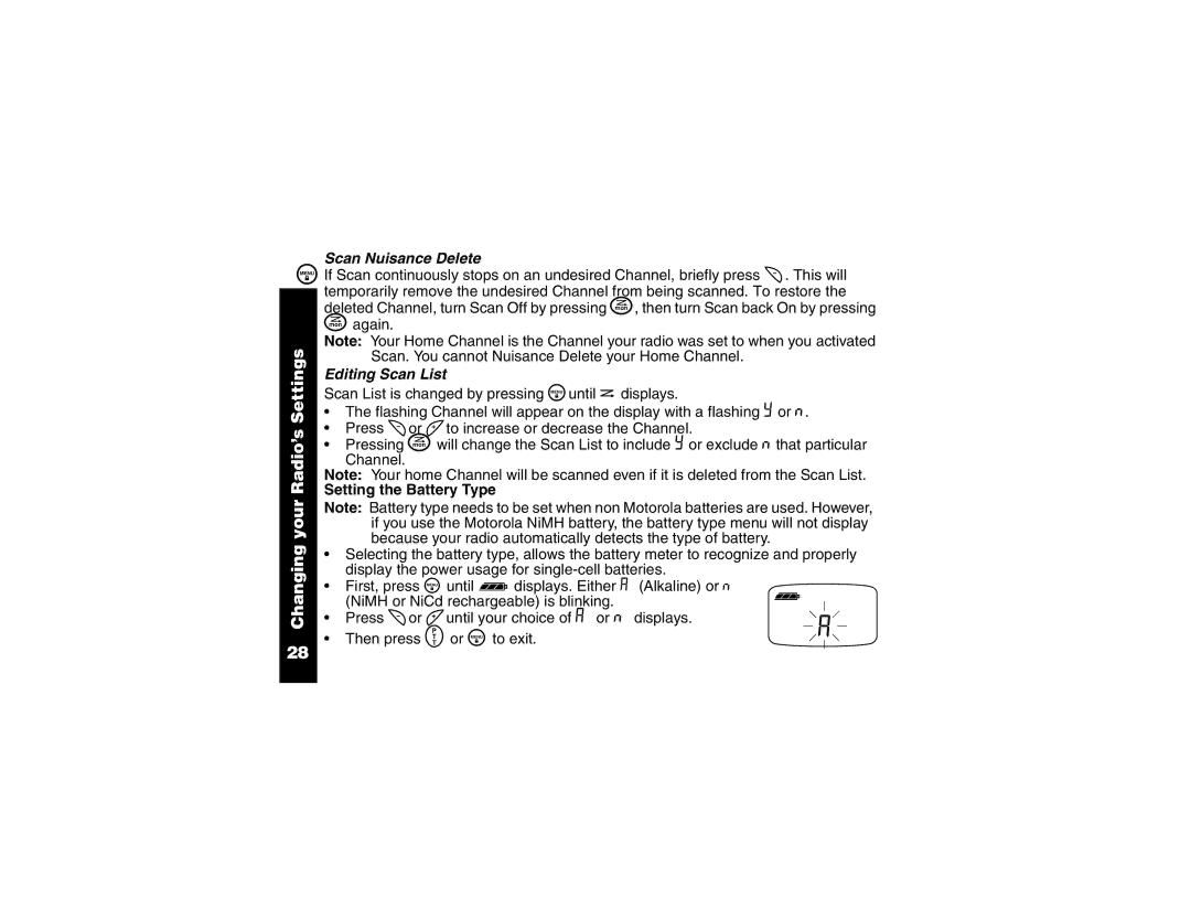 Motorola T7200 manual Scan Nuisance Delete, Editing Scan List, Setting the Battery Type 