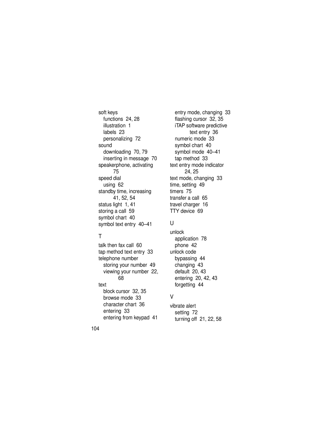 Motorola T722i manual Text entry, 104 