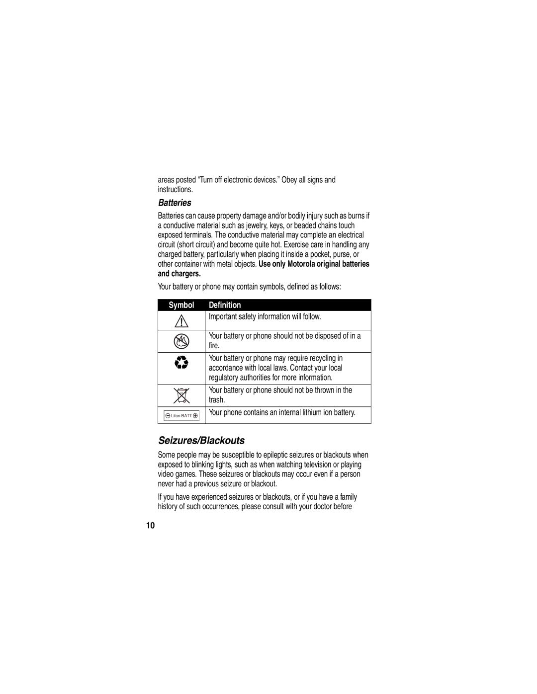 Motorola T722i manual Seizures/Blackouts, Batteries, Chargers 