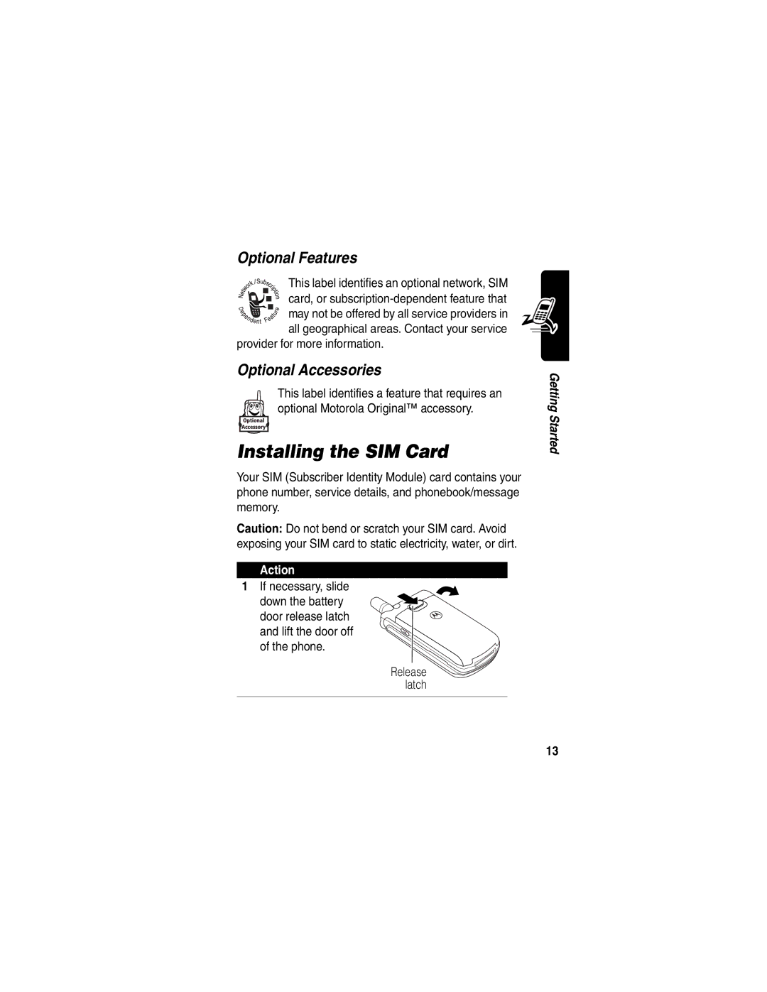 Motorola T722i manual Installing the SIM Card, Optional Features, Optional Accessories, Provider for more information 