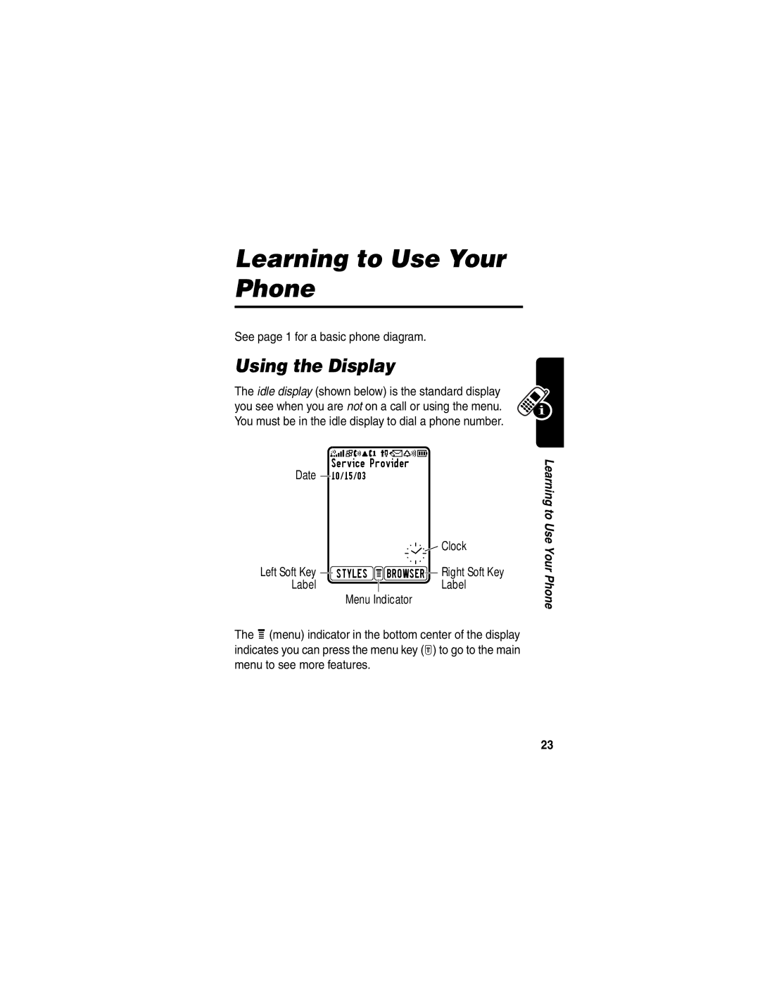 Motorola T722i manual Using the Display, See page 1 for a basic phone diagram, Clock, Label 