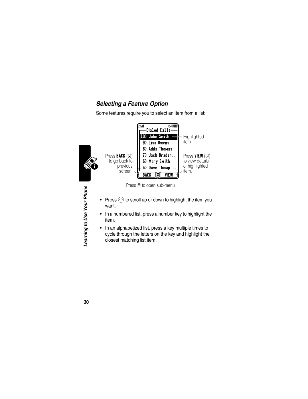 Motorola T722i manual Selecting a Feature Option, Some features require you to select an item from a list, Previous 