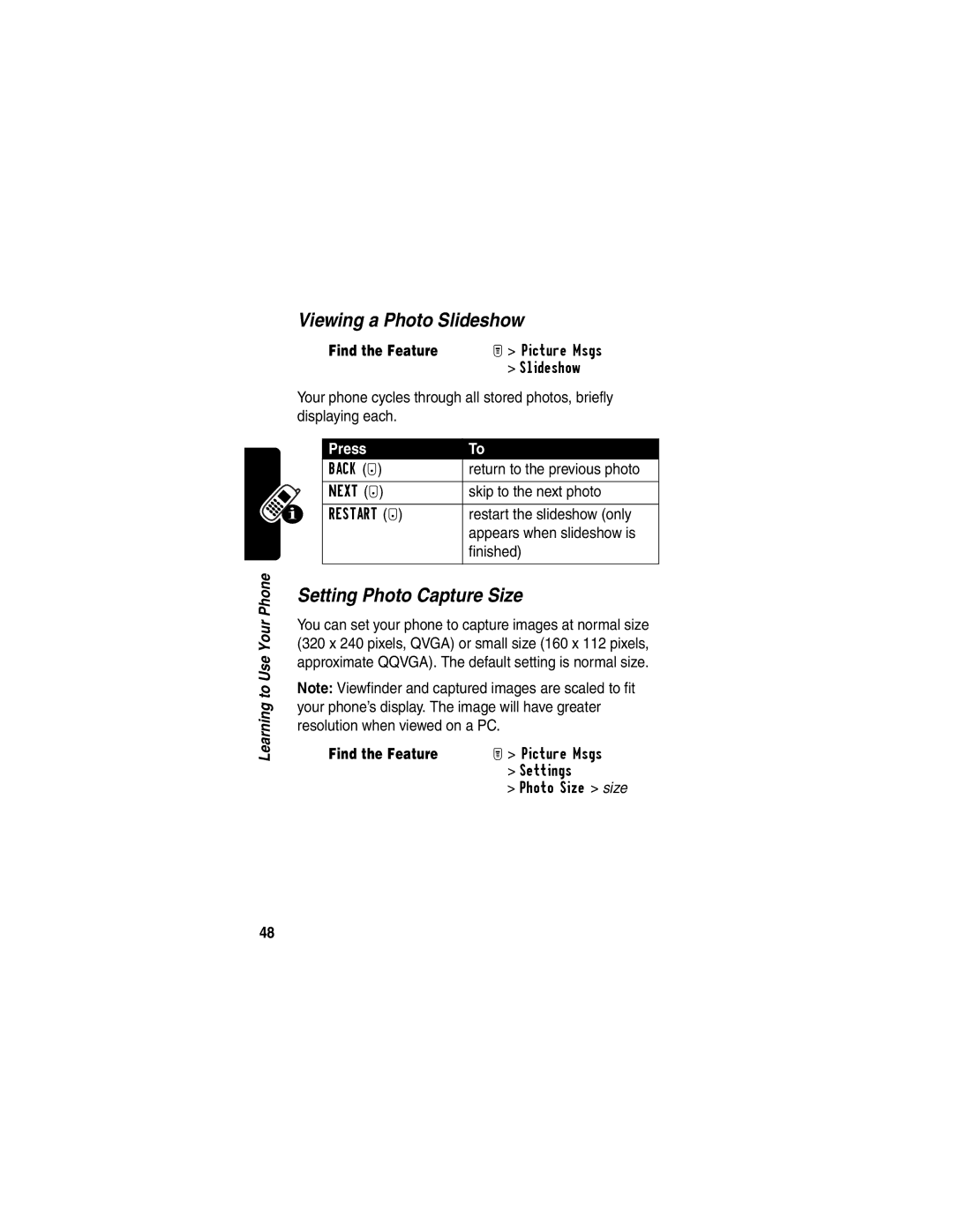 Motorola T722i manual Viewing a Photo Slideshow, Setting Photo Capture Size 