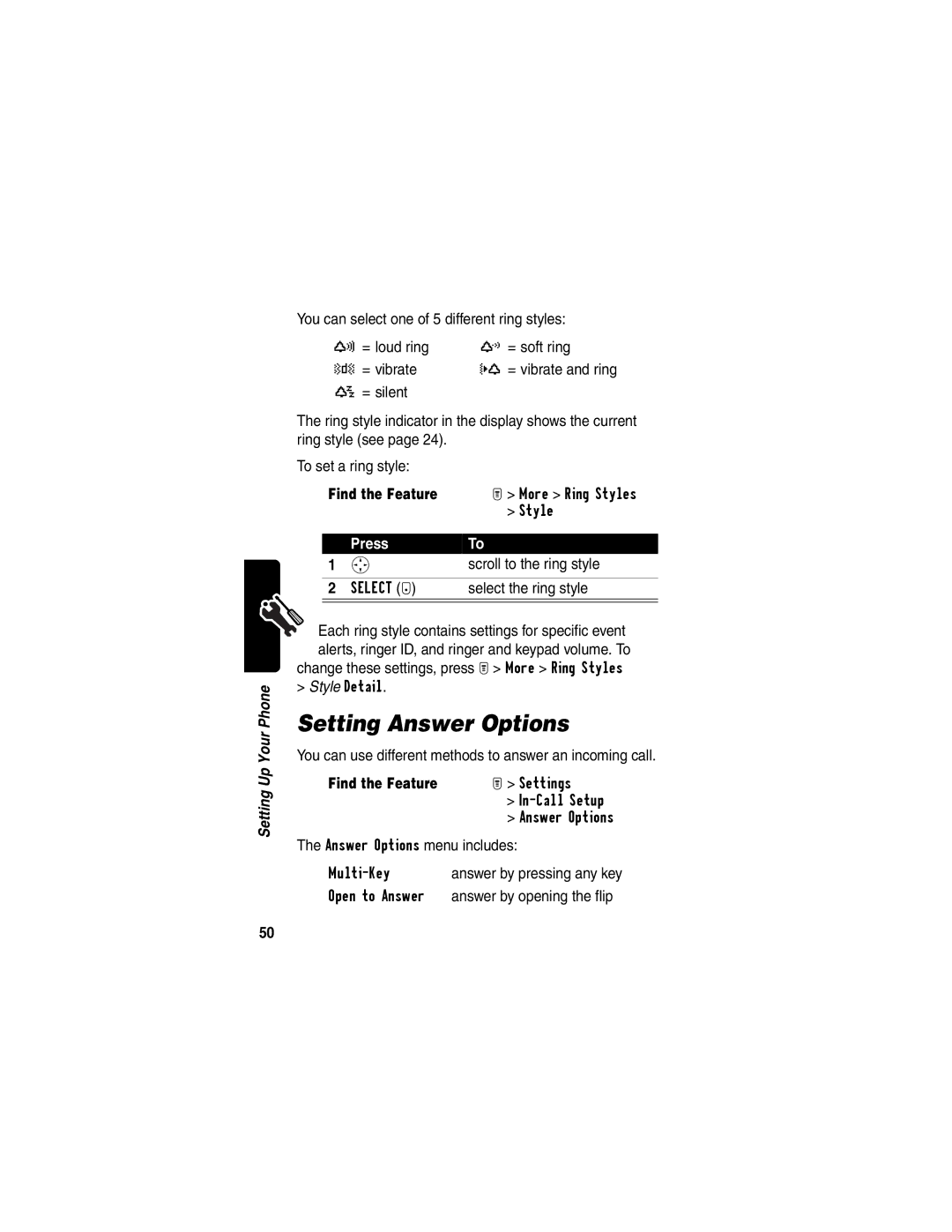 Motorola T722i manual Setting Answer Options 