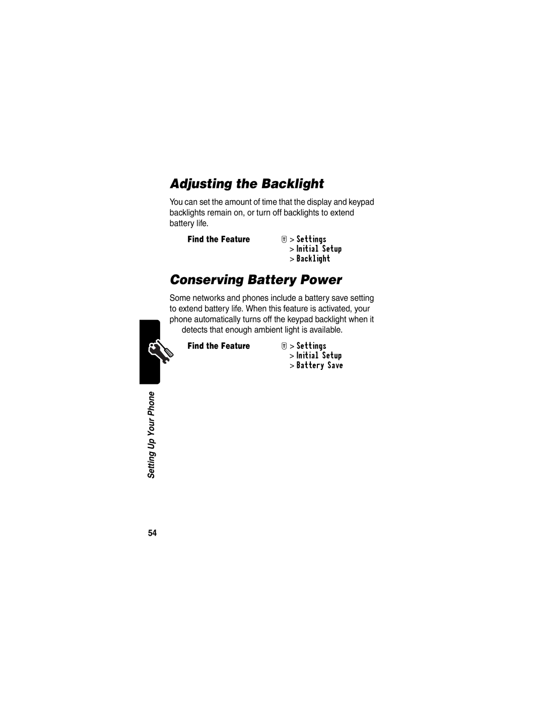 Motorola T722i manual Adjusting the Backlight, Conserving Battery Power, Detects that enough ambient light is available 