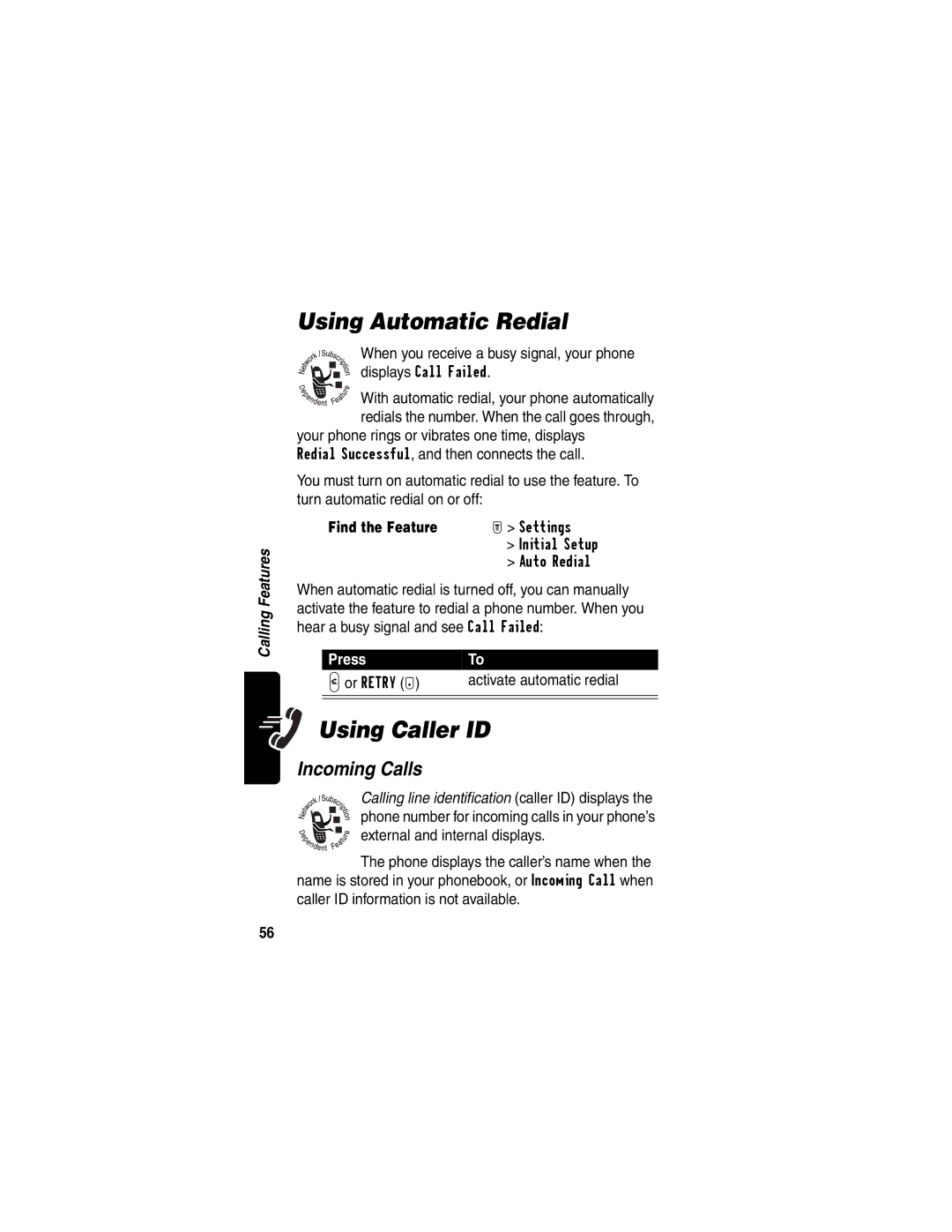Motorola T722i manual Using Automatic Redial, Using Caller ID, Incoming Calls 