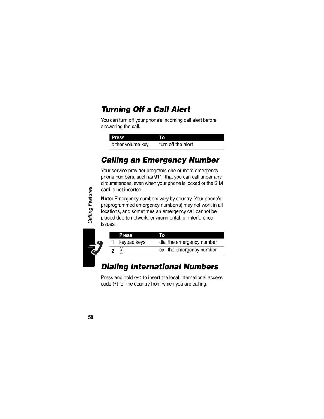 Motorola T722i manual Turning Off a Call Alert, Calling an Emergency Number, Dialing International Numbers 