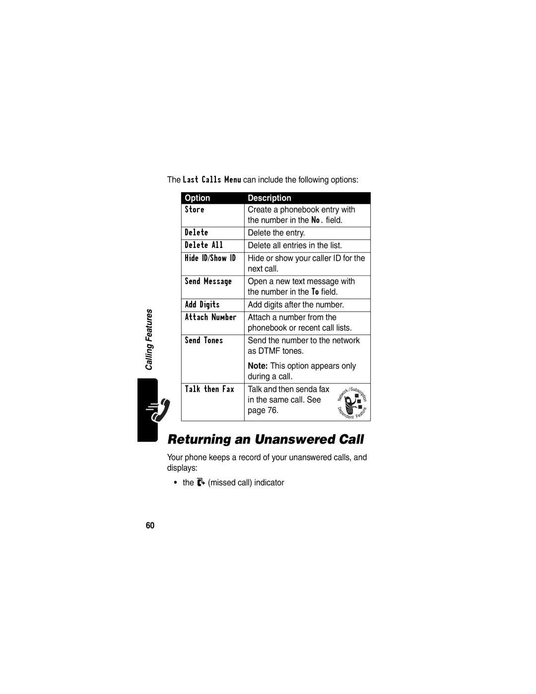 Motorola T722i manual Returning an Unanswered Call, Last Calls Menu can include the following options, Next call 